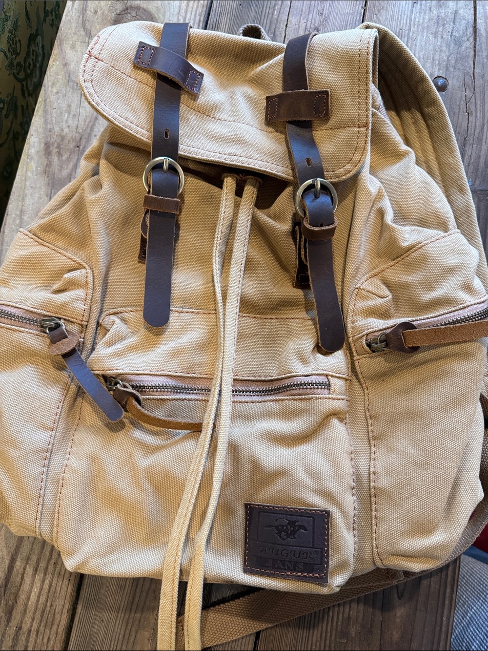Canvas Drawstring Backpack with Brown Leather Trim - Tan